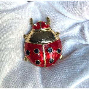 Vintage Ladybug Brooch Pin Gold Tone Enamel Rhinestone 1.5" Whimsical Retro